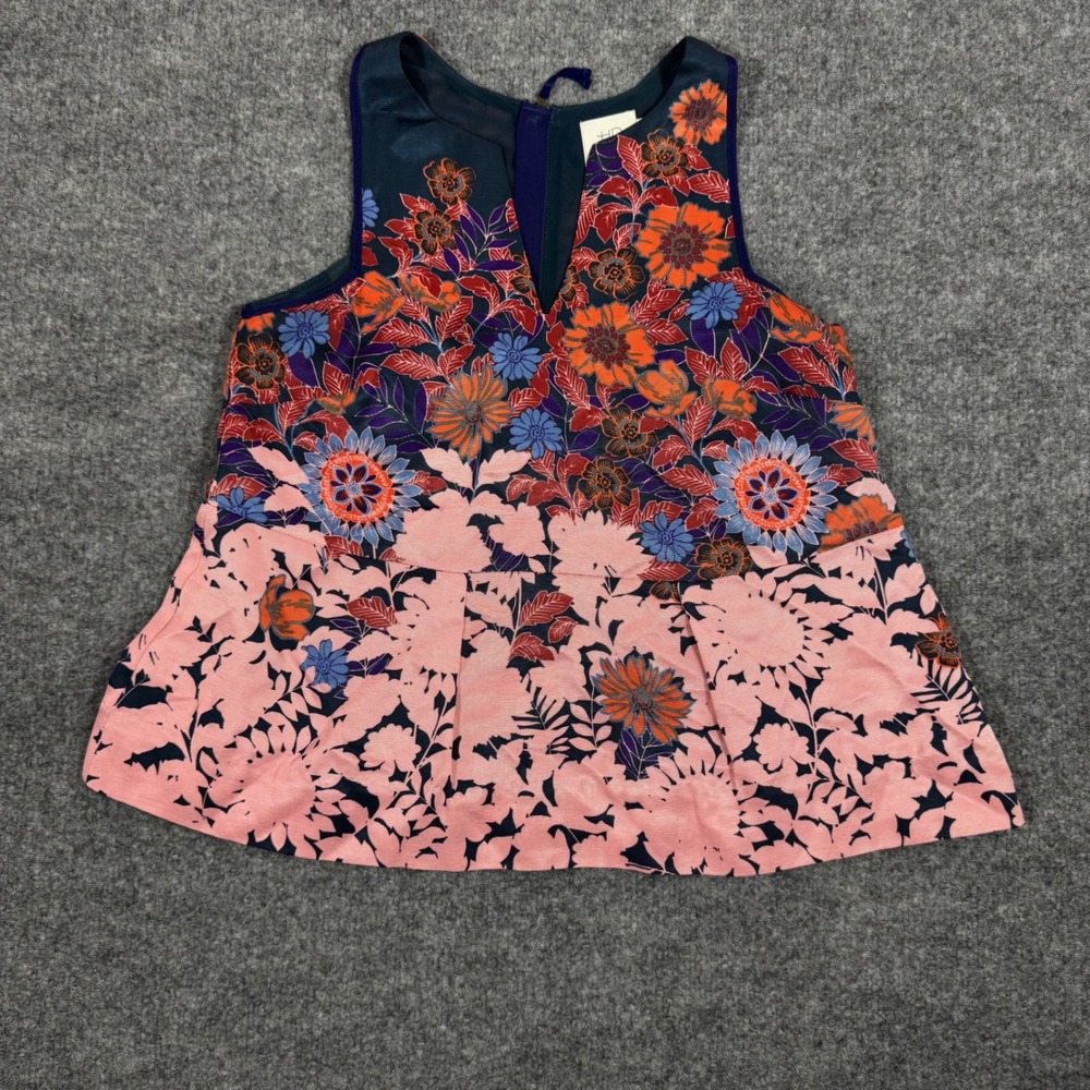 HD in Paris Floral Peplum Sleeveless Top Women Size 2 Pink Blue Viscose EUC